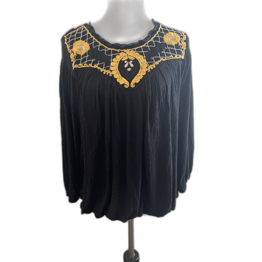 Free People Yellow & Black Embroidered Boho Top Long Sleeve Viscose Linen Size L